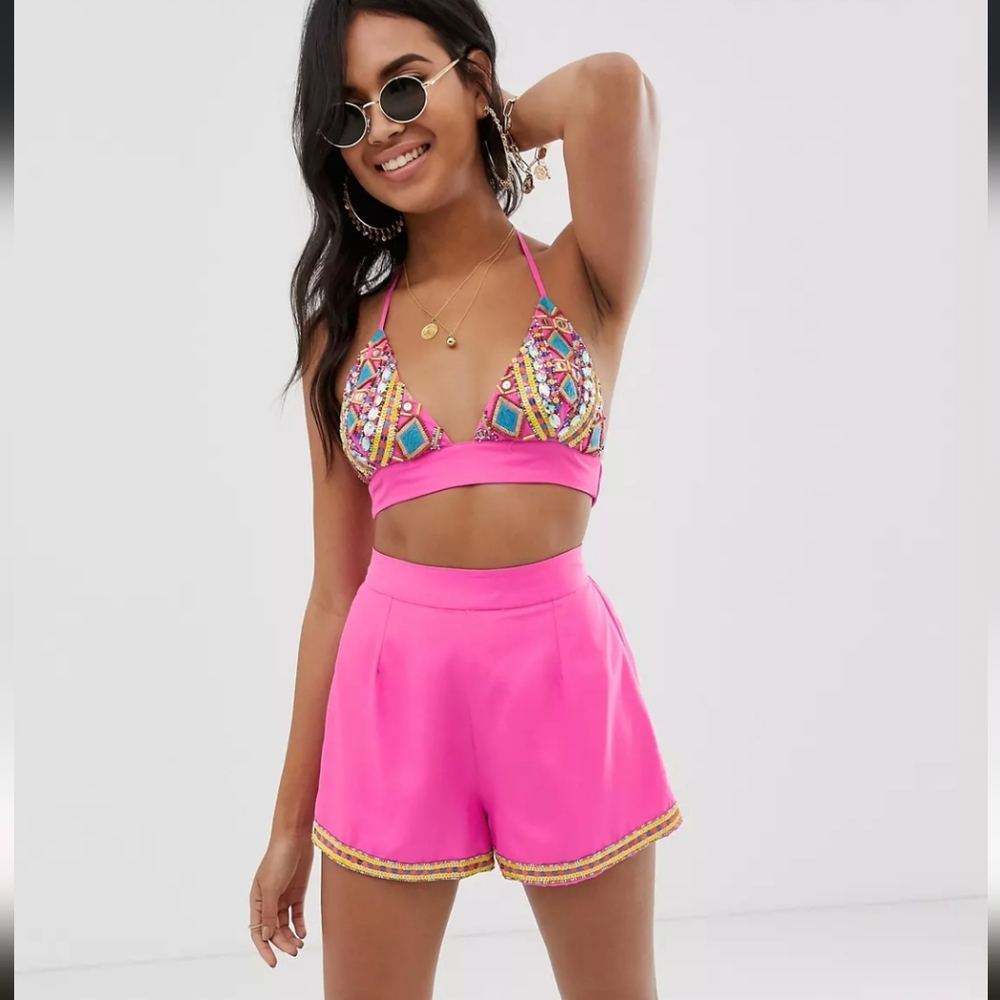 Pink Embellished Two Piece Short Set